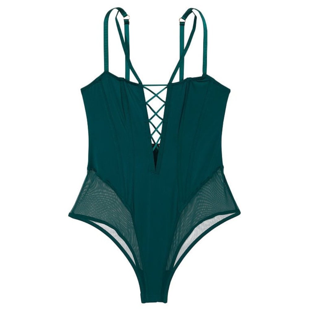 LAST DAY -- NWT VS Very Sexy Lace-Up Corset Forest Green Teddy - Picture 3 of 8